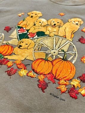 Vtg Russell Jerzees Puppy Dog Fall Halloween Pumpkin Sweatshirt USA Made, Medium